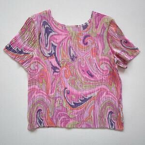 Vtg 90s Y2K Pink Psychedelic Paisley Pleated Short Sleeve Top / LIBRA / XL
